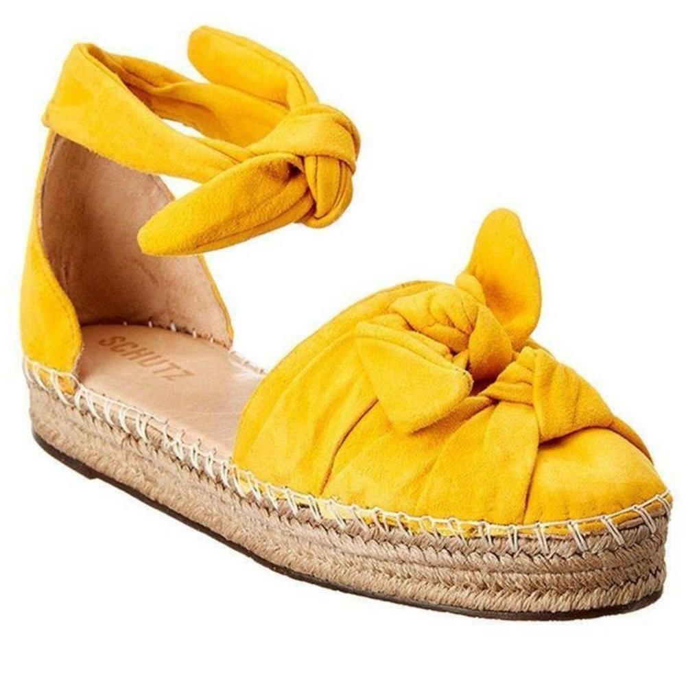 SCHUTZ Miryanna Marigold Yellow Suede Bow Tie Espadrilles Size 8